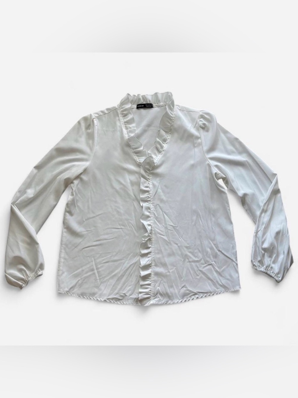 Women’s White Ruffle V-Neck Blouse - Picture 2 of 4